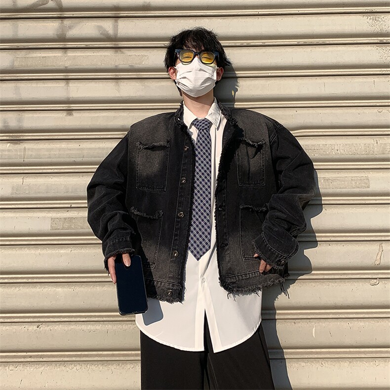春秋季毛边立领水洗牛仔外套休闲夹克做旧渐变上衣男女~WT7066,男装夹克,星座601-2