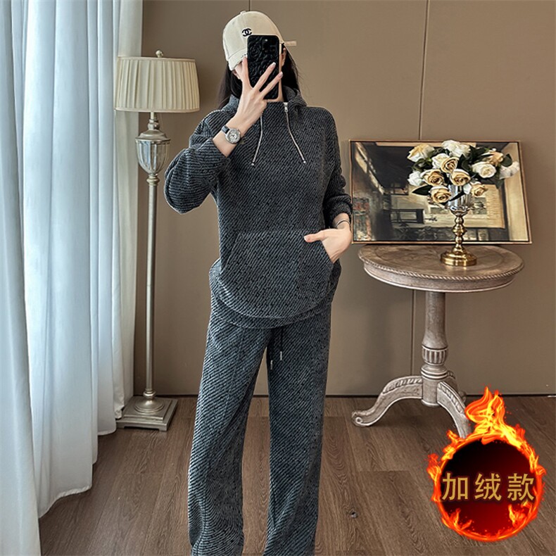 时尚黑灰色加绒加厚卫衣卫裤套装显瘦保暖休闲运动服,女装套装/套裙,江南