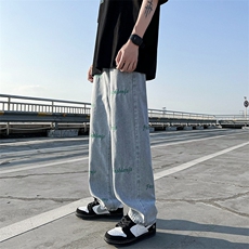美式vibe裤子男高街ins潮牌浅色牛仔裤直筒春夏阔腿裤N01229-P43，男装牛仔裤，星座308B-1