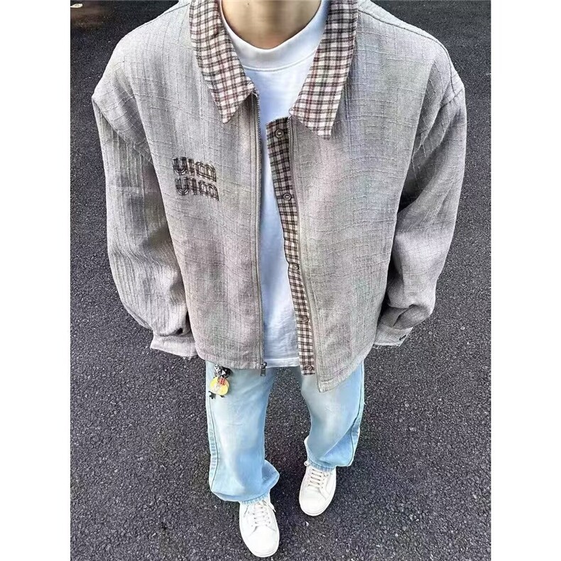 美式重磅灰色空气层棒球服外套男春季简约宽松百搭开衫夹克,男装夹克,星座506A