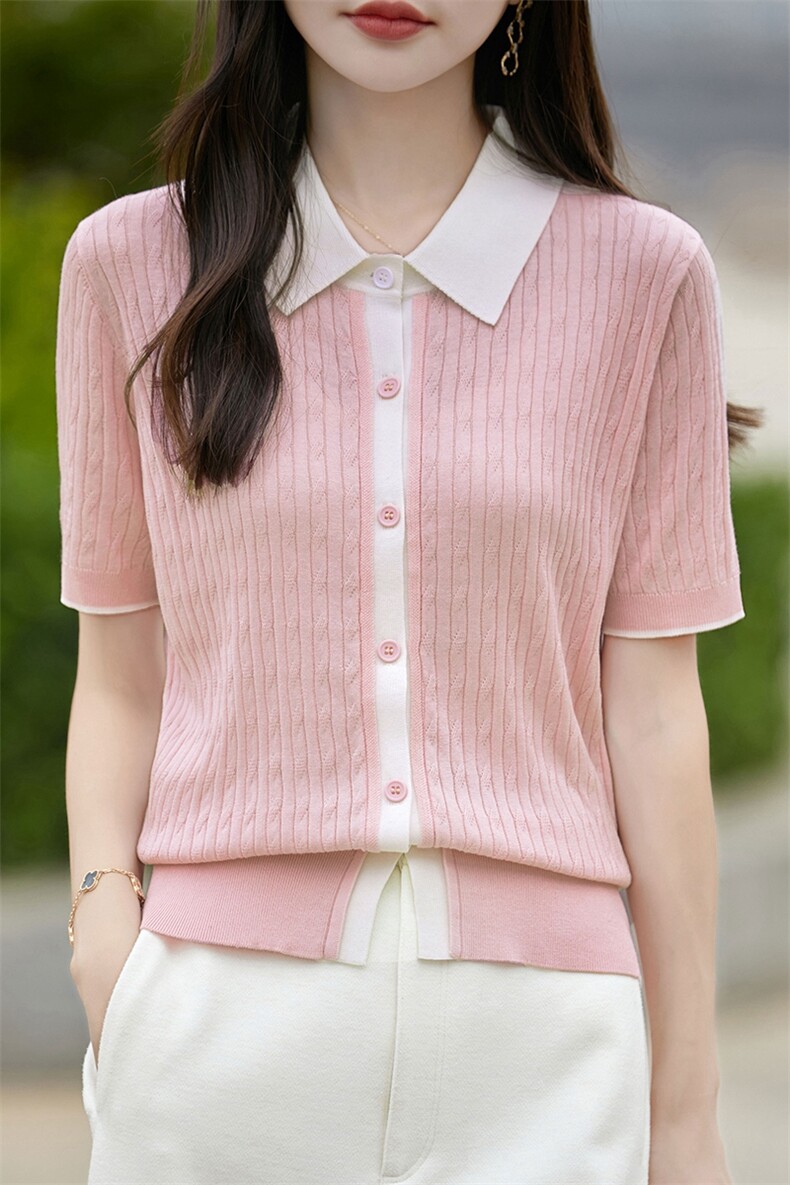 限时优惠柔软拼色短袖针织开衫2025新款POLO领正肩女宽松大码上衣,针织衫/毛衣,暖烁羊绒