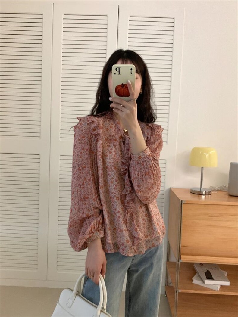 夏季新款韩系碎花花边小衫，其它，三文鱼