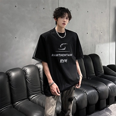 现货垫肩网纱印花高街设计款潮男潮搭休闲落肩T恤A071-T90-P48，男装T恤，电商A071