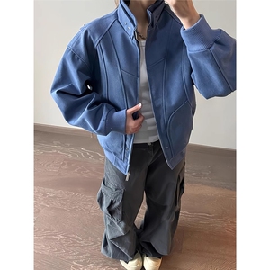 B974-P86 冰川蓝短款工装外套男款水洗重磅解构棒球服图片