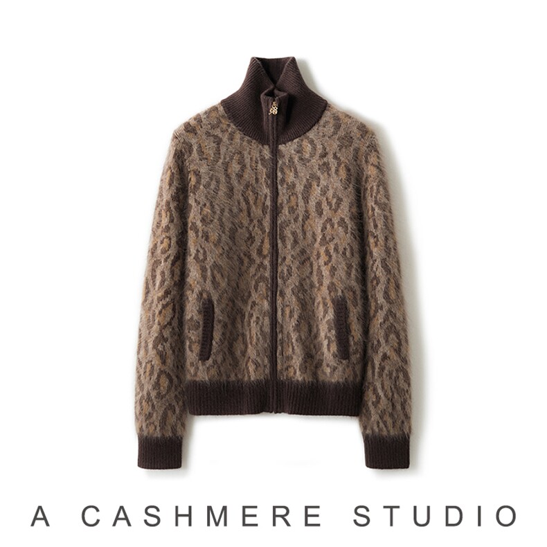 2025年秋季时尚百搭通勤简约休闲棕豹纹拉链开衫，女装羊绒衫，致织羊绒