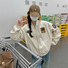 米白色减龄韩系甜美风外套女2025秋季贴标设计感学院风休闲短上衣，女装短外套，2C201