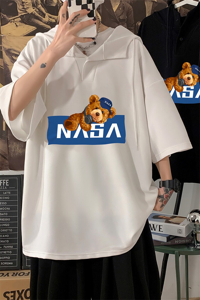 LD54247-P45NASA连帽短袖t恤男大码胖子带帽五分袖中袖海报风,男装T恤,电商A040