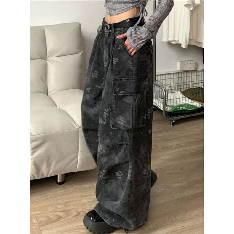 复古高街蛇纹多口袋工装牛仔裤女高腰坠感宽松阔腿裤子K1986,男装牛仔裤,星座1116A（原606A-3）