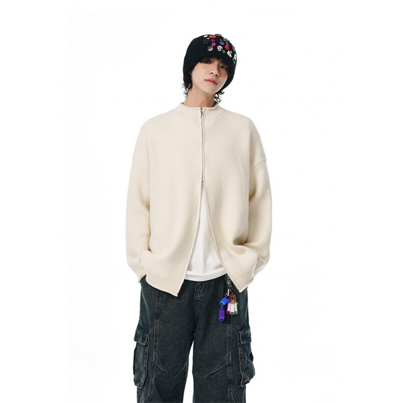 A408-M86025*重磅秋冬圆领开衫双开拉链纯色百搭针织衫毛衣P75，男装针织衫/毛衣，电商A408