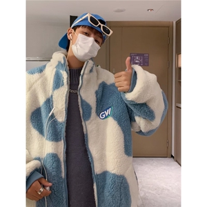 羊羔毛开衫卫衣男冬季潮牌港风宽松立领外套潮流上衣MYG33图片