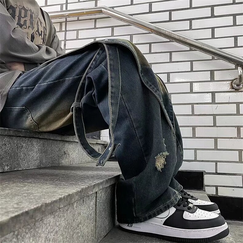 美式高街Vibe复古重工做旧牛仔裤男拼接设计直筒阔腿长裤Y91500,男装牛仔裤,星座601-2