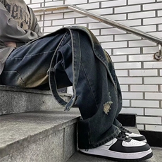 美式高街Vibe复古重工做旧牛仔裤男拼接设计直筒阔腿长裤Y91500，男装牛仔裤，星座601-2