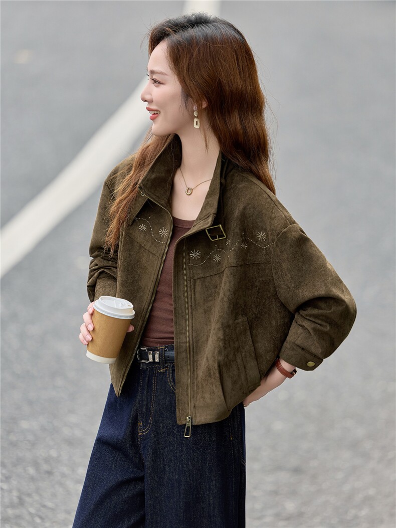9213设计感刺绣麂皮绒休闲外套,女装短外套,依路服饰