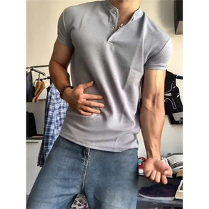 微胖男生穿搭亨利领短袖男款夏季美式重磅收袖口t恤健身三分半袖,男装T恤,电商D256-1(原A064-1)