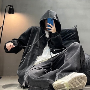现货 美式宽松雾面皮连帽PU 皮夹克男J93/P75图片