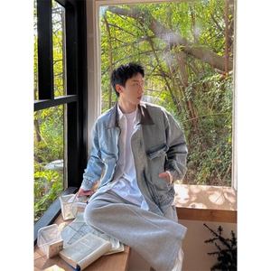 美式复古水洗做旧皮衣领拼接翻领重磅宽松牛仔外套夹克图片