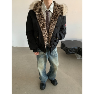 网图豹纹袖章连帽座山雕毛领棉衣派克棉服外套 A025-QY15036-P108图片