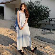 蓝色韩系简约休闲无袖连衣裙女2025夏季新款时尚松弛感时髦背心裙，女装连衣裙，2C135