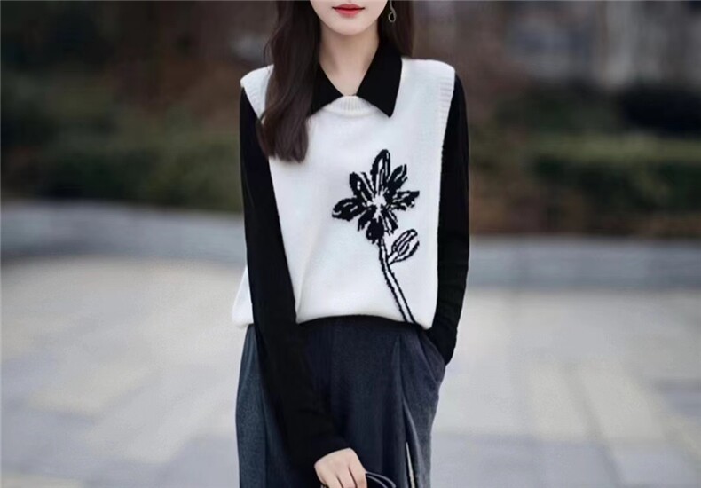 针织马甲女圆领宽松慵懒提花时尚无袖毛衣坎肩背心,女装马甲,昂家羊绒