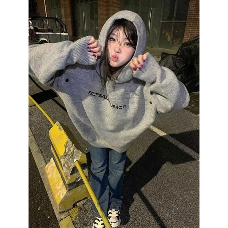 美式潮牌字母提花连帽针织衫女秋冬2024新款设计感拼接长袖上衣潮,男装针织衫/毛衣,星座506A