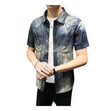 19春夏季欧美潮流复古式翻领牛仔衬衣品质短袖衬衫DX0127P85，男装衬衫，钱塘730-1