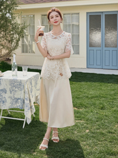 2025夏装新款气质蕾丝钩花小衫搭配垂感吊带连衣裙两件套显瘦裙子，女装套装/套裙，时尚风爆