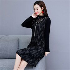 链条绣花植绒中长款长袖2020年冬季半高领纯色连衣裙，女装连衣裙，安之芮娜