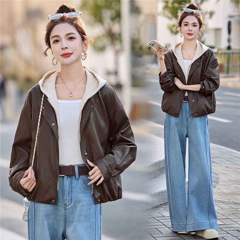 已出货春装新品美拉德连帽皮衣外套女今年流行显瘦百搭机车服潮,女装皮衣,吾爱衣