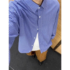 美式复古蓝色格子衬衫男女春秋高级感宽松长袖外套CS78-P32，男装衬衫，星座208-5