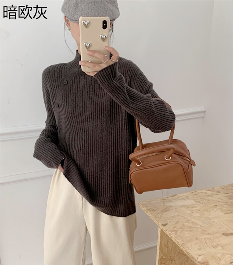 金线抽条半高领女士上衣秋冬保暖纯色套头长袖,女装羊毛衫,牧思羊