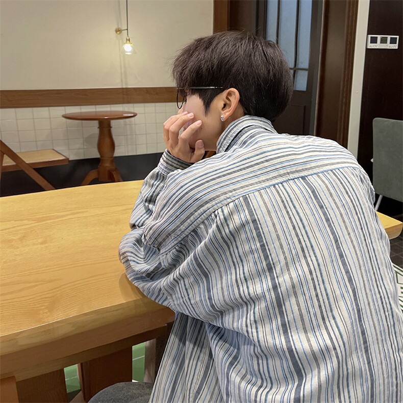 美式复古条纹衬衫外套男宽松长袖衬衣XZ225-3-CS04-P55控78,男装衬衫,星座225-3
