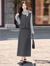 优雅气质蝴蝶结衬衫马甲半身裙三件套女2025秋新款轻熟风显瘦套装，女装套装/套裙，流量+