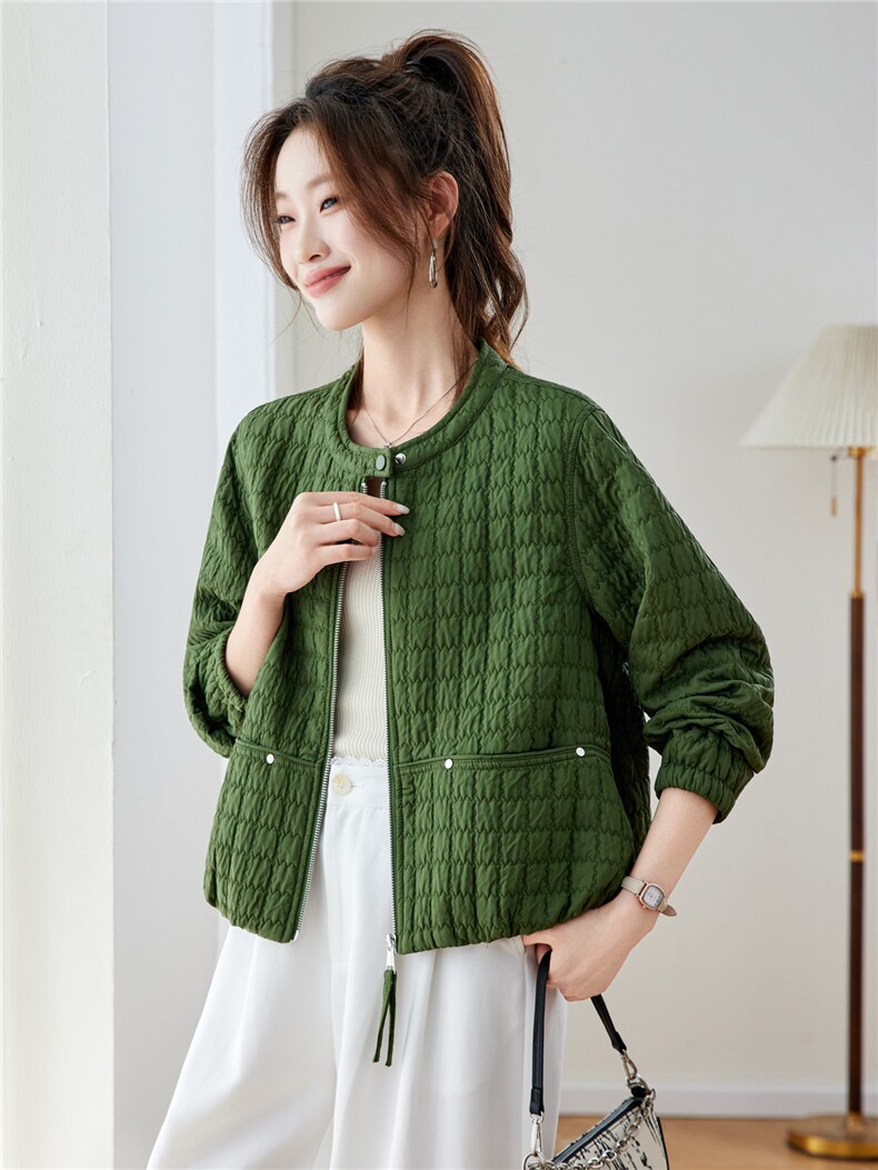 2026年春季宽松圆领方格纹刺绣轻薄开衫短外套棒球服,女装短外套,简韵佳