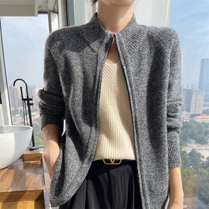 25秋冬新款半高领双拉链100%纯羊毛开衫女加厚宽松羊绒衫外搭毛衣图片