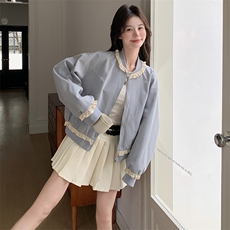 蓝色蕾丝花边棒球服外套女2025春季新款韩系学院风减龄小个子上衣，女装短外套，维壹