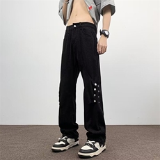 美式复古解构排扣裤子高街潮牌黄泥牛仔裤男微喇裤G616-P50，男装牛仔裤，星座1001-1