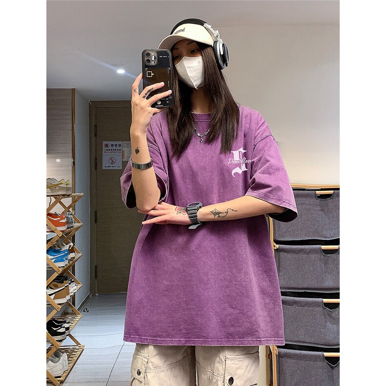 中性风水洗短袖男女学院风几何图案印花T恤复古做旧美式ins潮,男装T恤,电商C306-1