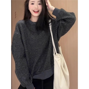 韩系慵懒条纹圆领卫衣女秋季新款设计感宽松显瘦百搭休闲长袖上衣图片