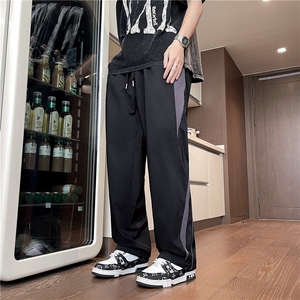 D1182-P40新款美式2024透气休闲宽松抽绳拼接直筒裤子男士潮流