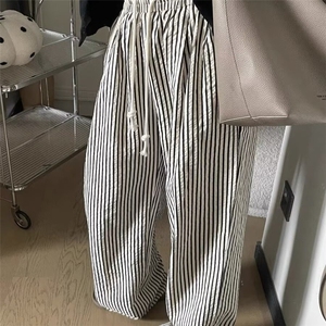 黑白竖条纹裤男女夏季休闲宽松小个子遛弯裤慵懒冰丝阔腿裤 K9545图片