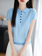 POLO翻领短袖针织T恤女2025夏薄款新款精纺薄款打底小衫t恤衫上衣，女装针织衫/毛衣，暖烁特种纱工厂店