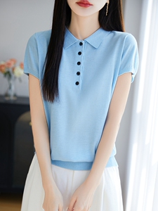 POLO翻领短袖针织T恤女2025夏薄款新款精纺薄款打底小衫t恤衫上衣图片