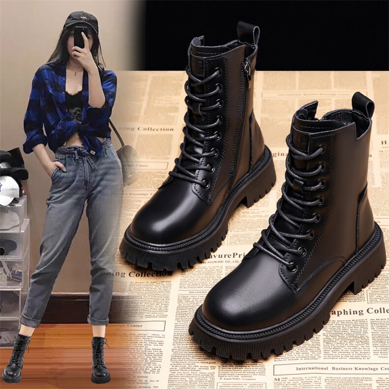 真皮马丁靴女英伦风2023新款百搭冬季保暖加绒厚底休闲短靴女，女鞋马丁靴，电商A223