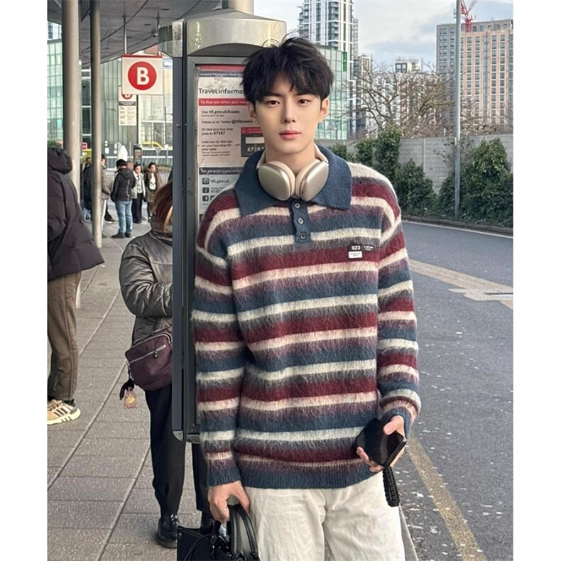 网图慵懒覆古老钱风翻领针织衫polo领条纹毛衣 A025-GM19823-P59图片