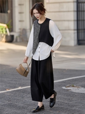 【大量现货】秋季女装新款时尚老钱风假两件上衣+裤子两件套套裤，女装套装/套裙，魅衣本色