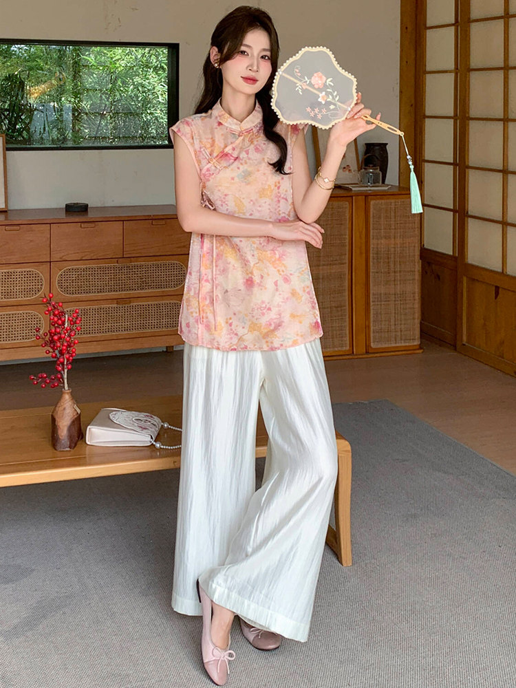新中式g风套装女2026夏季流行复古印花盘扣旗袍上衣阔腿裤两件套,女装套装/套裙,超帛