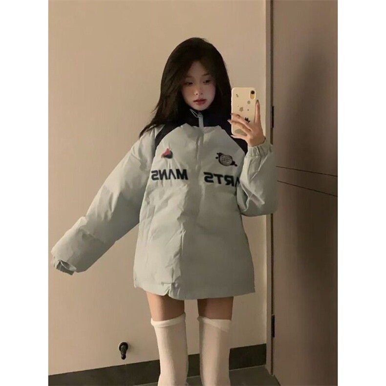 美式甜酷风简约通勤字母刺绣棉服外套女冬季宽松撞色立领保暖棉衣,男装夹克,星座506A