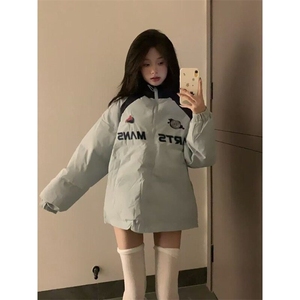 美式甜酷风简约通勤字母刺绣棉服外套女冬季宽松撞色立领保暖棉衣图片
