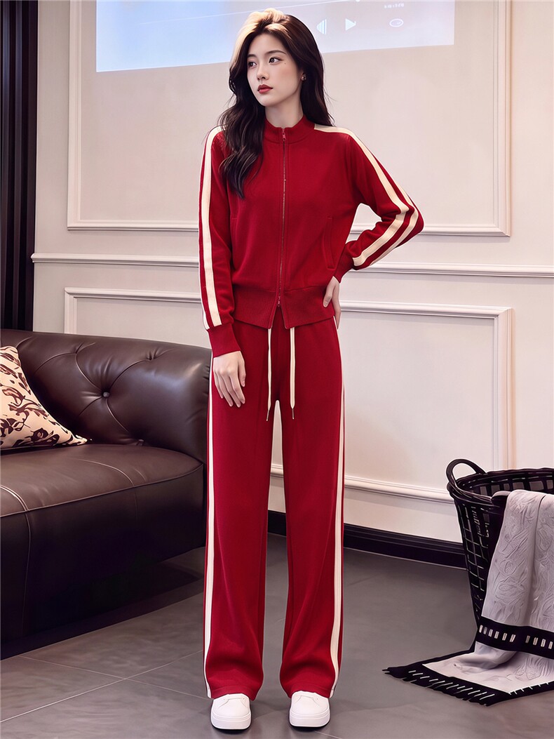 纯色运动套装女秋季新款时尚洋气高端拉链卫衣休闲阔腿长裤两件套,女装套装/套裙,江南