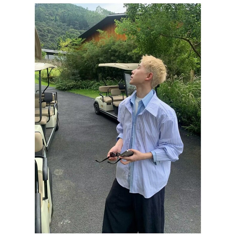 青少年条纹长袖衬衫男春秋ins潮牌帅气情侣衬衣港风宽松休闲外套,男装衬衫,星座506A
